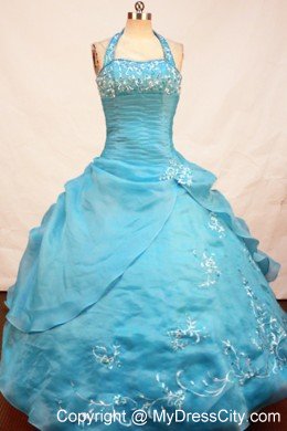 Halter Appliques Ruches Teal Ball Gown Little Girl Pageant Dress