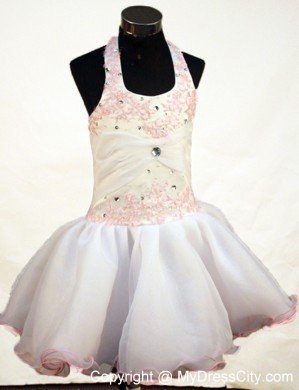 White Appliques and Beading Halter Short Little Girl Dress