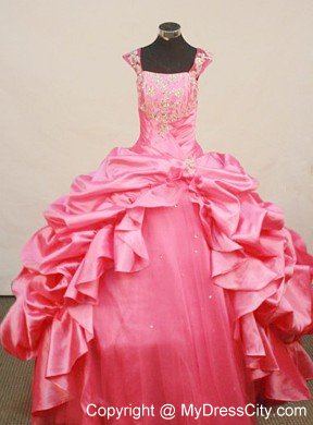 Beaded Little Girl Pageant Dress Hot pink Square Neck with Ruffles