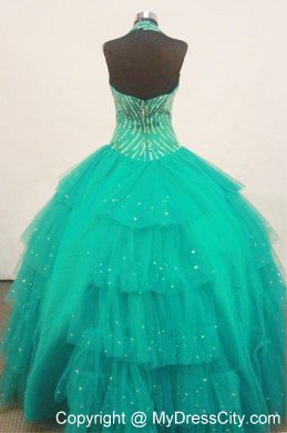 Turquoise Halter With Ruffled Layeres Beaded Beauty Pageants Dress