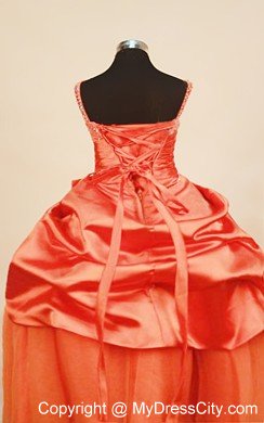 Orange Red Pick-ups Straps Beaded Ruched Little Girl Pageant Dress