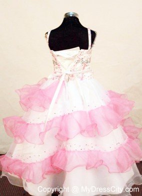 Pink and White Beaded Little Girl Dress with Ruffled Layeres