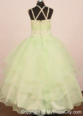 Yellow Green Little Girl Pageant Dress Applique Ball Gown Straps