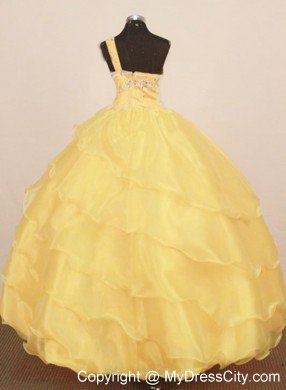 Ruffles Little Girl Pageant Dress Beaded One Shoulder Yellow