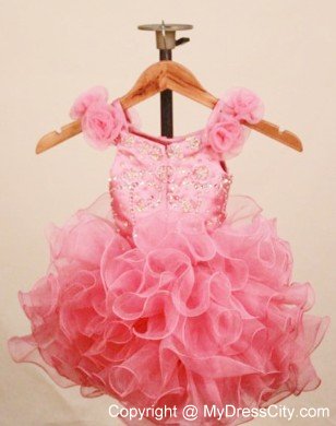 Scoop Hand Made Flowers Girl Pageant Dresses Ruffled Baby Pink