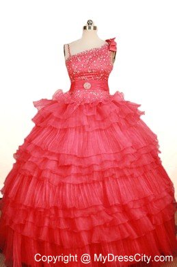 Coral Red Little Girl Pageant Dress Asymmetrical Beaded Organza