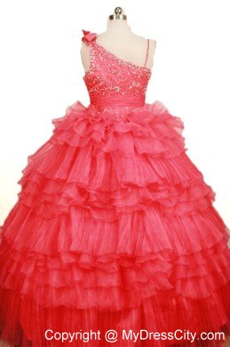 Coral Red Little Girl Pageant Dress Asymmetrical Beaded Organza