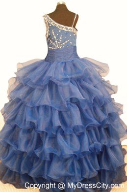 Blue Asymmetrical Ruffled Little Girl Pageant Dresses Organza