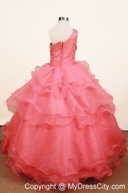 Watermelon One Shoulder Ruffled Layeres Girl Pageant Dresses