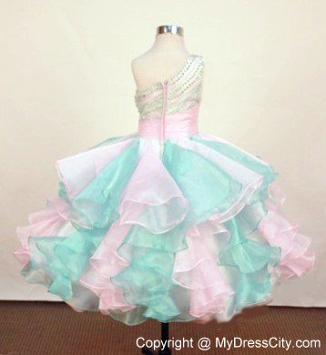 Layered Pink and Blue Beaded One Shoulder Girls Pageant Dress