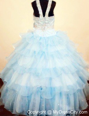 Square Baby Blue Ruffled Layeres Little Girls Pageant Dresses