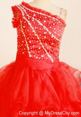 One Shoulder Red Little Girl Pageant Dresses Ruffled Layers