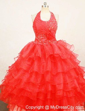 Ruffled Layers Red Little Girl Pageant Dresses Halter Top Organza