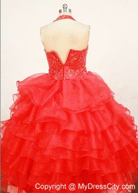 Ruffled Layers Red Little Girl Pageant Dresses Halter Top Organza