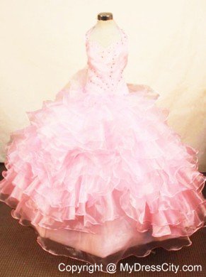 Halter Baby Pink Organza Beading Pageant Dresses for Little Girls