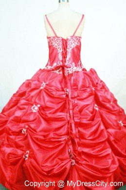 Spaghetti Straps Appliques Little Girl Pageant Dress Red Taffeta