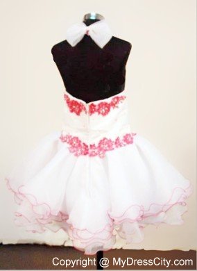 Red Floral Embellishment Halter White Flower Girl Pageant Dress