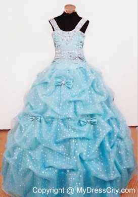 Bowknot Straps Aqua Blue Polka Dot Beaded Pageant Girl Dresses