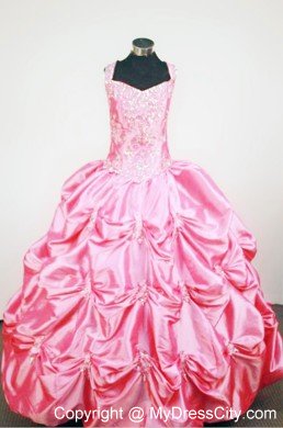 Straps Rose Pink Taffeta Beaded Lil Pageant Dress with Pick-ups