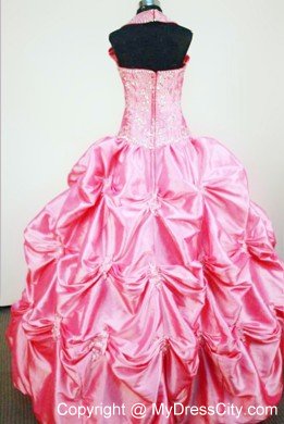 Straps Rose Pink Taffeta Beaded Lil Pageant Dress with Pick-ups