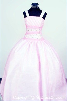 Organza Wide Straps Baby Pink Beaded Flower Girl Pageant Dresses