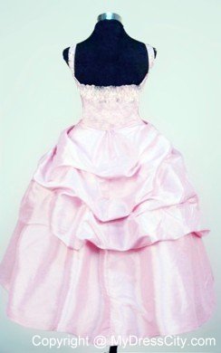 Taffeta Straps Baby Pink Beaded Little Girl Dresses with Bowknot