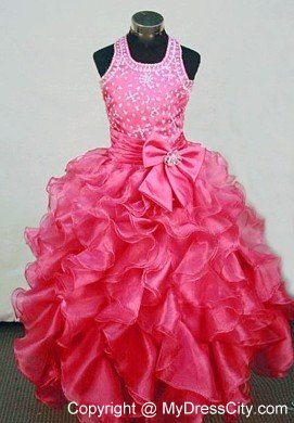 Halter Ruffles Red Organza Beading Girl Pageant Dress with Bows