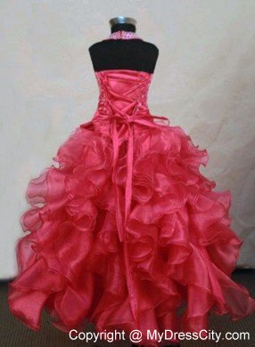 Halter Ruffles Red Organza Beading Girl Pageant Dress with Bows