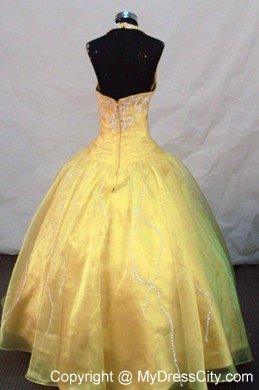 Appliques Yellow Halter Top Cool Back Little Girl Pageant Dresses