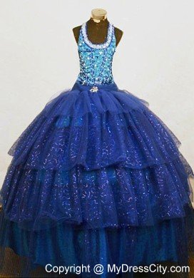 Blue Pailette Beaded Halter Organza Little Girl Pageant Dresses