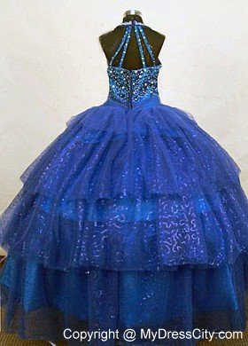 Blue Pailette Beaded Halter Organza Little Girl Pageant Dresses