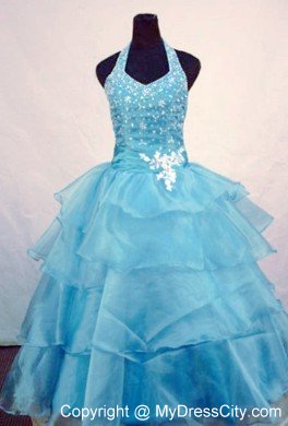 Light Blue Beading Halter Layered Pageant Dresses for Juniors