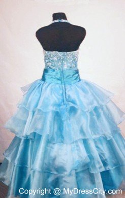 Light Blue Beading Halter Layered Pageant Dresses for Juniors