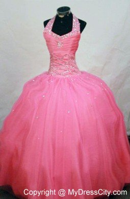 Halter Beading Pink Little Girl Pageant Dresses with Zipper Back