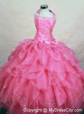 Layered Ruffles Halter Hot Pink Glitz Pageant Dress with Bowknot