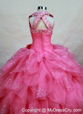 Layered Ruffles Halter Hot Pink Glitz Pageant Dress with Bowknot