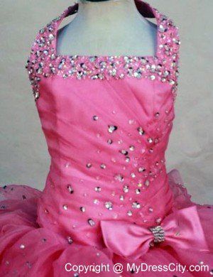 Layered Ruffles Halter Hot Pink Glitz Pageant Dress with Bowknot