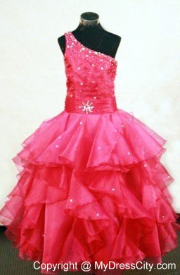 Beading One Shoulder Coral Red Pageant Dresses for Lil Girls