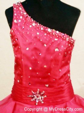 Beading One Shoulder Coral Red Pageant Dresses for Lil Girls