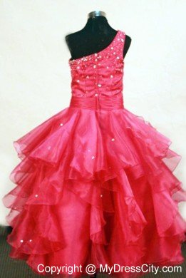 Beading One Shoulder Coral Red Pageant Dresses for Lil Girls