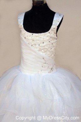 White Square Beading Little Girl Pageant Dresses Organza Floor-length