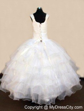 White Square Beading Little Girl Pageant Dresses Organza Floor-length