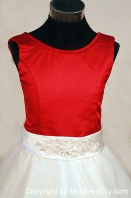 Scoop Satin A-line White and Red Beading Long Little Girl Pageant Dresses