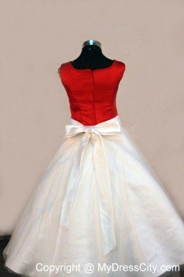 Scoop Satin A-line White and Red Beading Long Little Girl Pageant Dresses