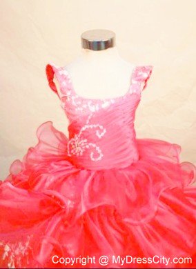 Square Organza Appliques Floor-length Red Little Girl Pageant Dresses