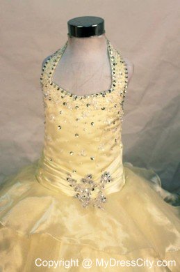 Yellow Beading Ball gown Halter Little Girl Pageant Dresses Organza Layers