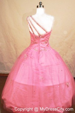 One Shoulder Floor-length Tulle Pink Beading Little Girl Pageant Dresses