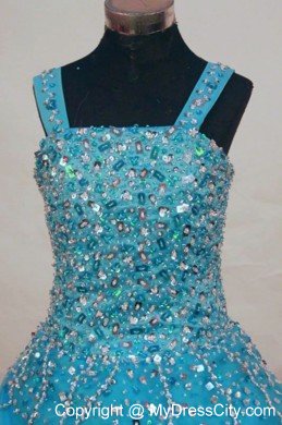 Straps Beading A-line Teal Little Girl Pageant Dresses Organza Floor-length