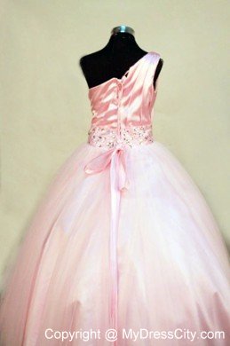 Tulle One Shoulder Beading Little Girl Pageant Dresses Floor-length Pink