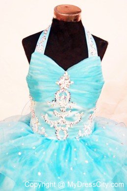 Halter Layers Organza Beading Little Girl Pageant Dresses Floor-length Aqua